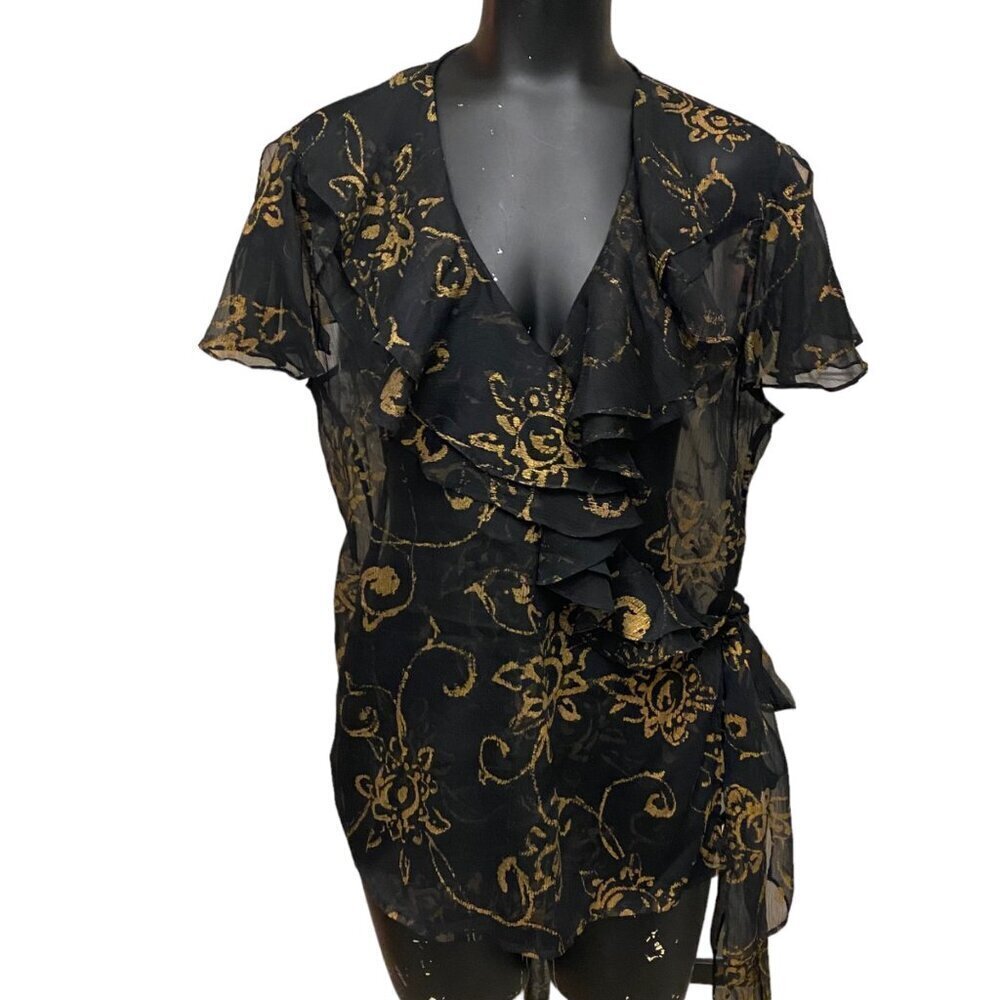 Lauren Ralph Lauren Black Chiffon Gold Floral Print Wrap Top Size 12 - Picture 2 of 7